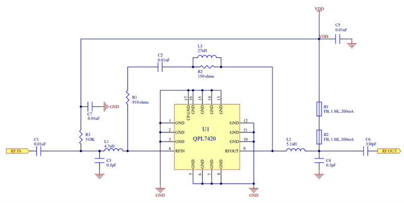 Applikations-Schaltungsdiagramm - Qorvo QPL7420 CATV-GaAs pHEMT HF-Verstärker ICs
